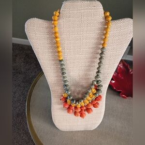 Chunky Style Multi Strand Acrylic Beads Necklace, Green, Yellow, Orange, EUC